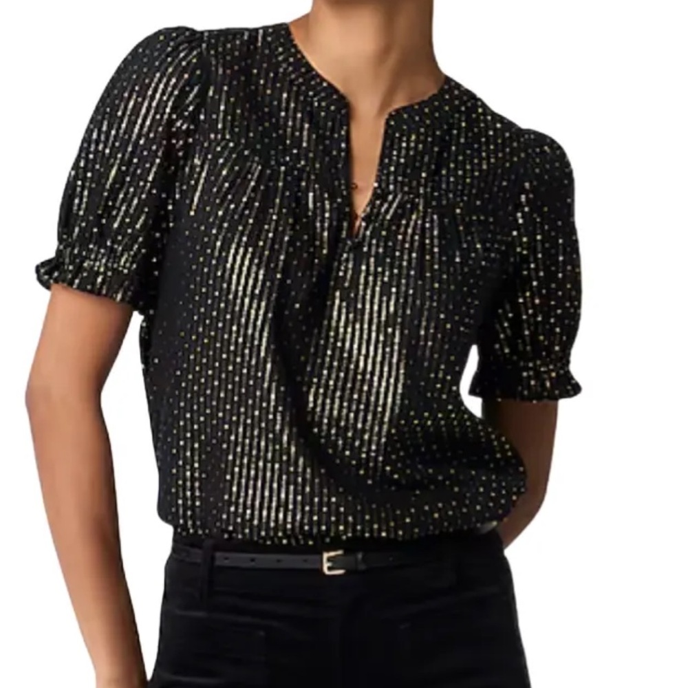 JCREW Black Puff Sleeve Top Gold Lurex Dots Cotton with Metallic Thread Size S